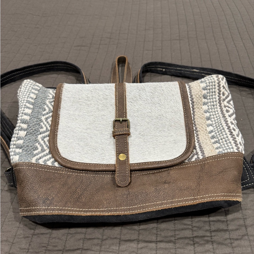 Myra Bag Gray & Brown Backpack Purse w/ Cowhide and Leather accents. Western.